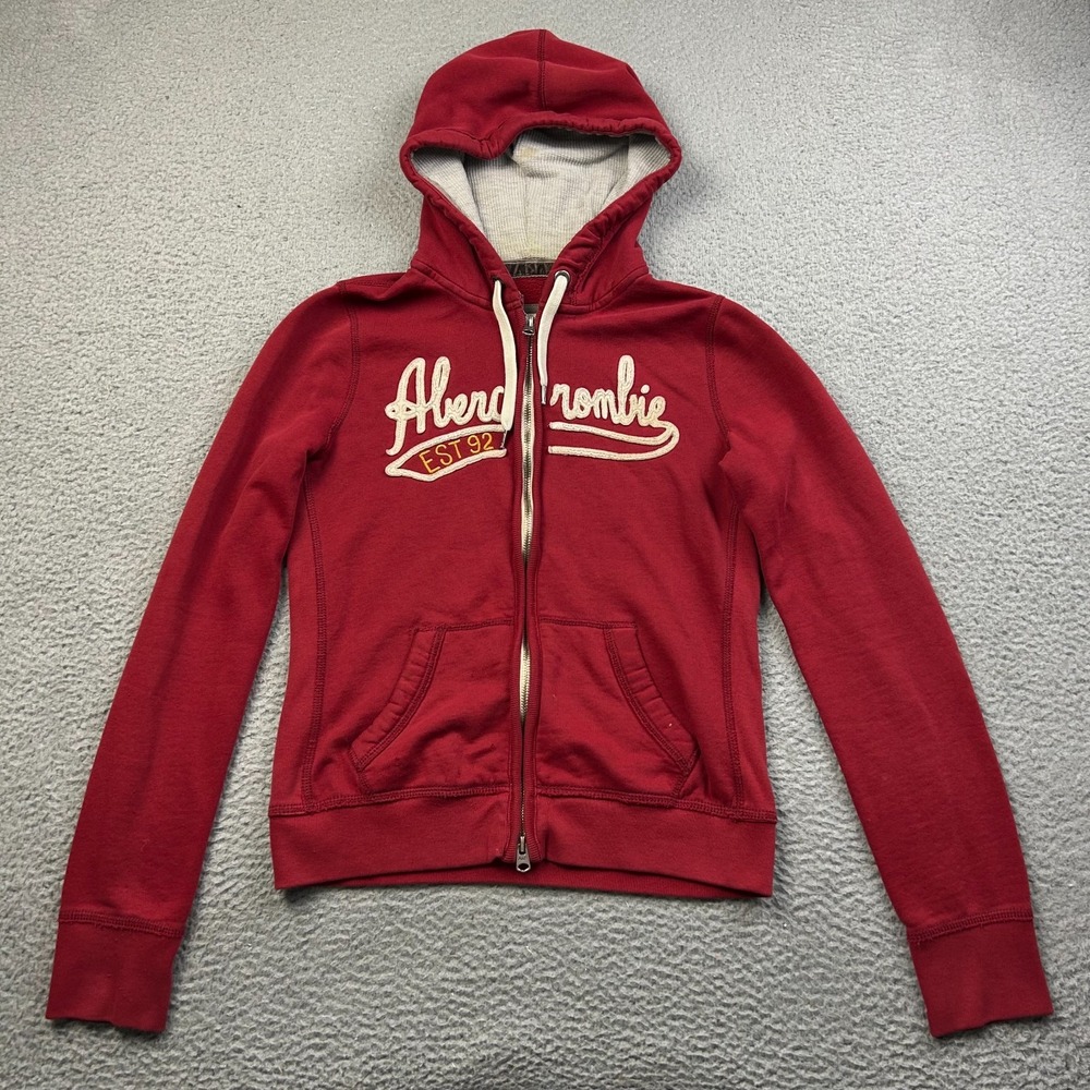 Abercrombie Fitch Hoodie Womens Red Vintage Y2K Applique Script Logo Full Zip L